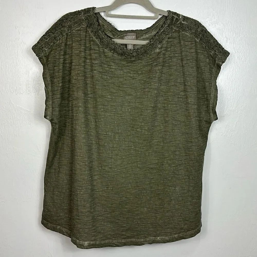 Chico’s Green Cotton Textured Trim Short Sleeve T-shirt Size XL